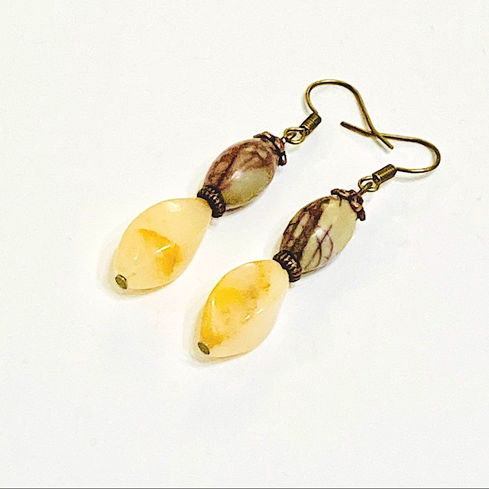Natural Gray Gold & Brown Picasso Jasper & Golden Aventurine Stone Earrings